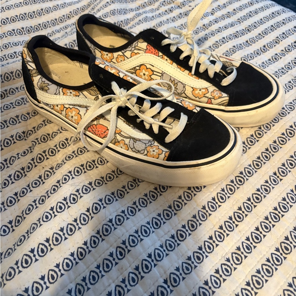 Vans Black and White Floral Athletic Shoes